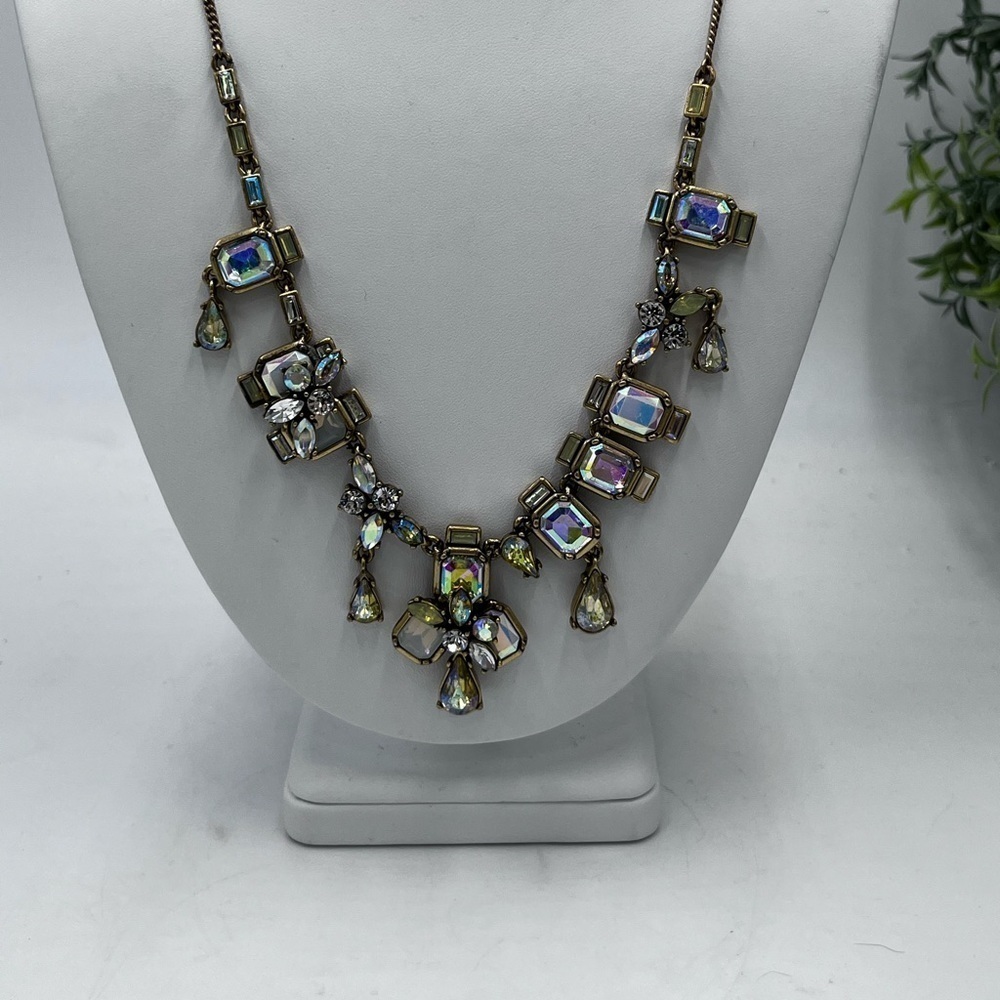 J CREW Signed Iridescent AB Rhinestone Gold Tone Layered‎ Bib Statement Necklace
